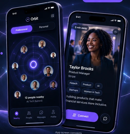 Orbit concept screens showing nearby people and a professional profile